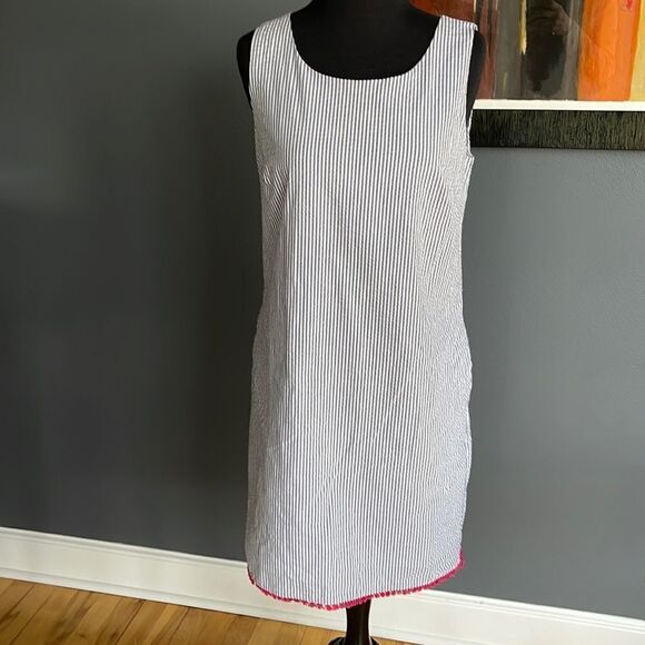 Heyton gray/white stripe seersucker midi shift. Fuschia fringed hem. New. Size 2 - Picture 1 of 6